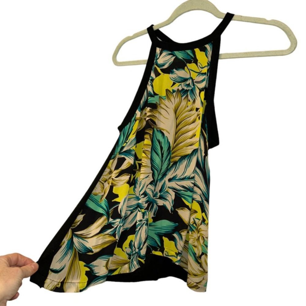 parker 100% SILK black green tropical banana leaf print tank sweater top…